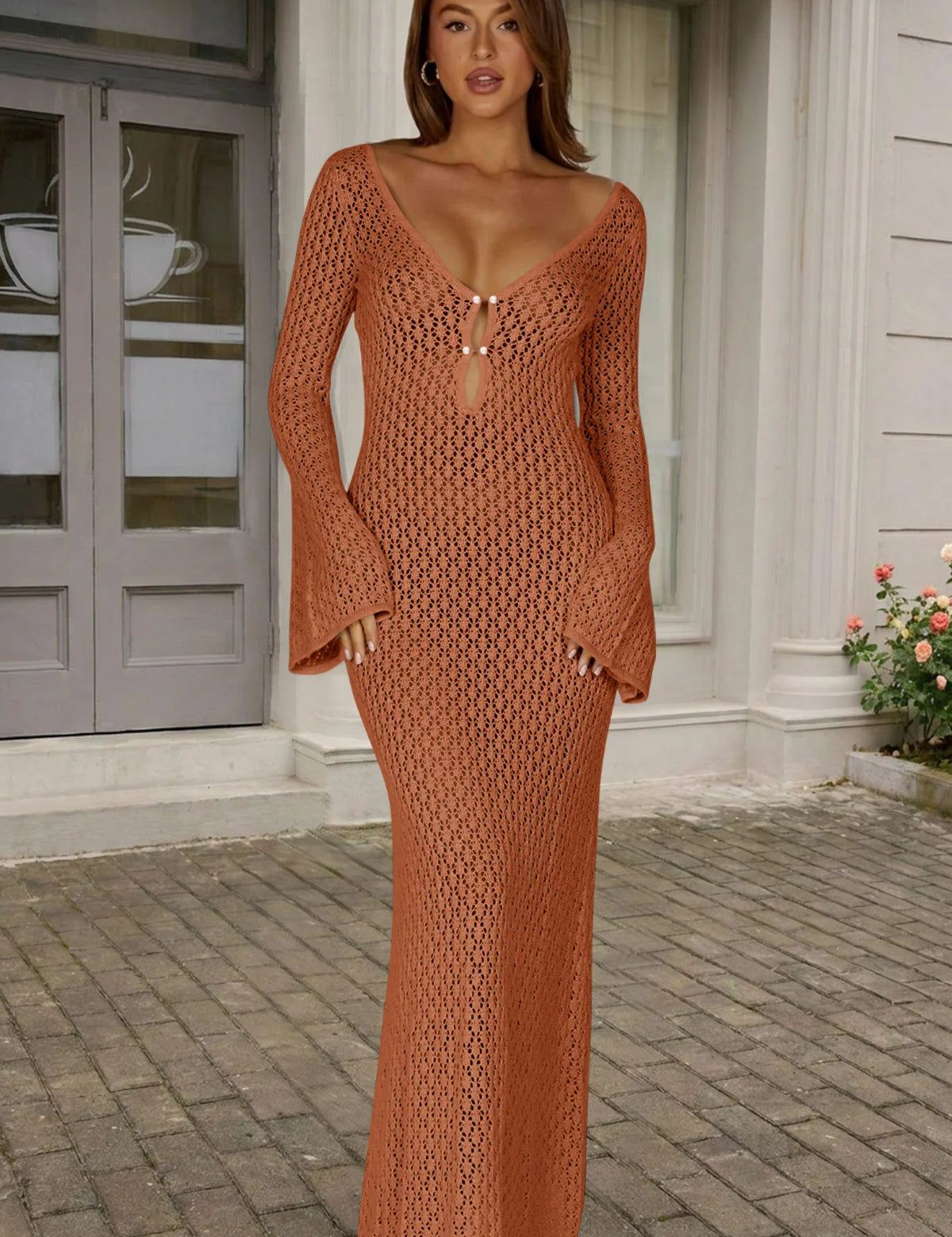 Fisoew Women's Brick Red Long Sleeve Sexy Bodycon Summer Knit Dresses - Fisoew