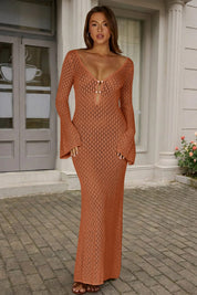 Fisoew Women's Brick Red Long Sleeve Sexy Bodycon Summer Knit Dresses - Fisoew