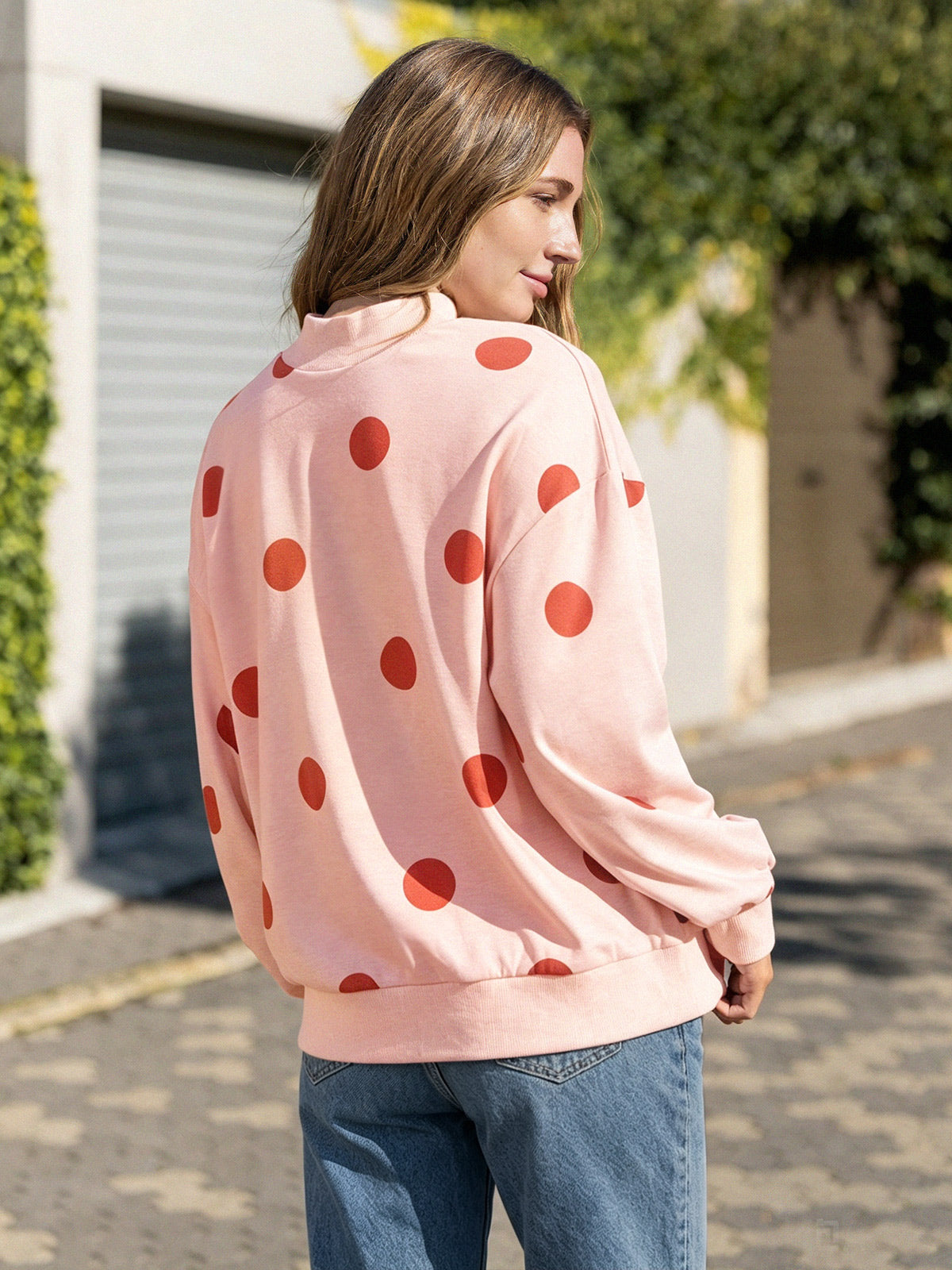 Mock Neck Long Sleeve Polka Dot Sweatshirts - Fisoew