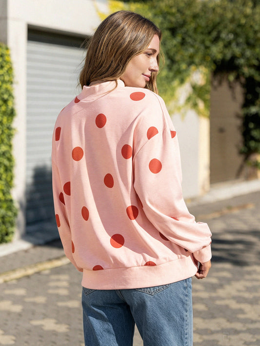 Mock Neck Long Sleeve Polka Dot Sweatshirts - Fisoew