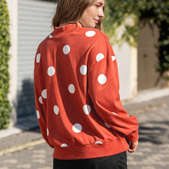 Mock Neck Long Sleeve Polka Dot Sweatshirts - Fisoew