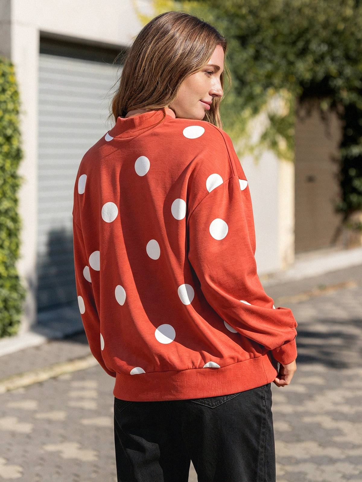 Mock Neck Long Sleeve Polka Dot Sweatshirts - Fisoew