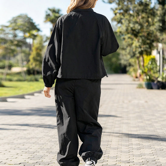 Windbreaker Jacket With Elastic Waist Pants Set - Fisoew