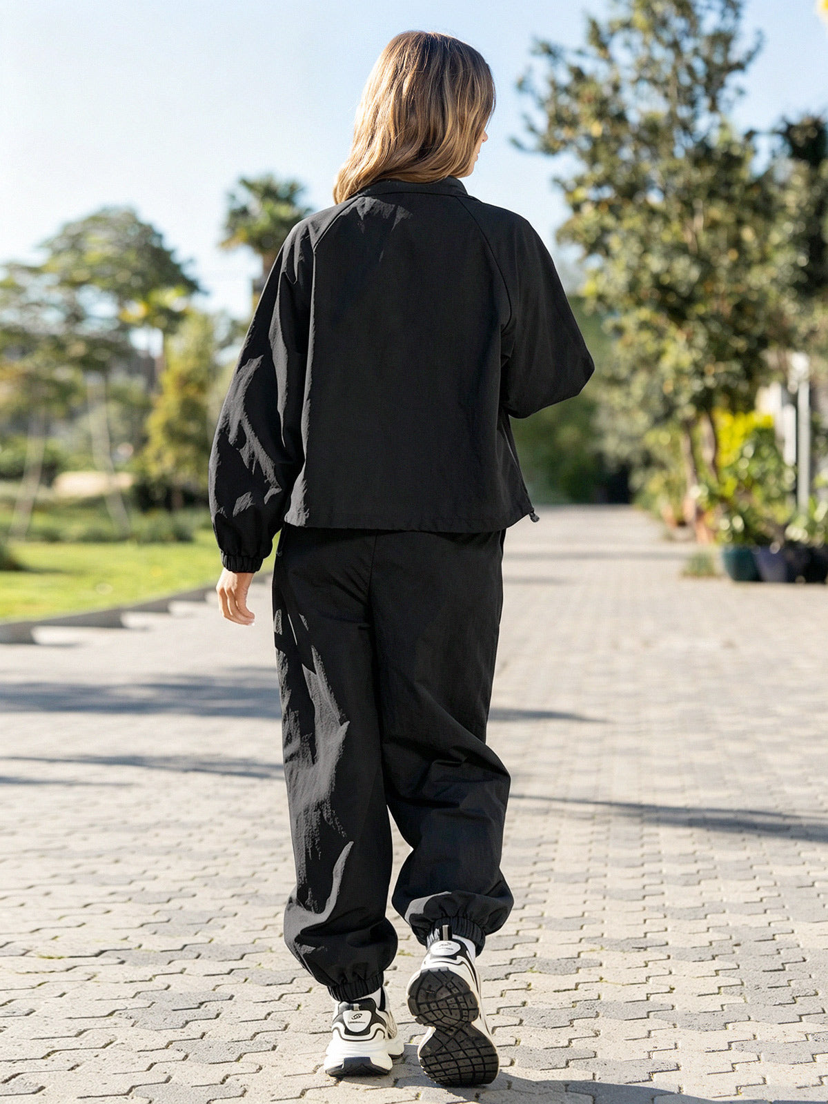 Windbreaker Jacket With Elastic Waist Pants Set - Fisoew