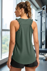 Fisoew Women's Army Green Ruffle Sleeveless  Black Racerback Workout Tank Tops