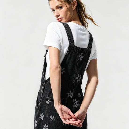 Flower Print Wide Leg Denim Jumpsuit - Fisoew