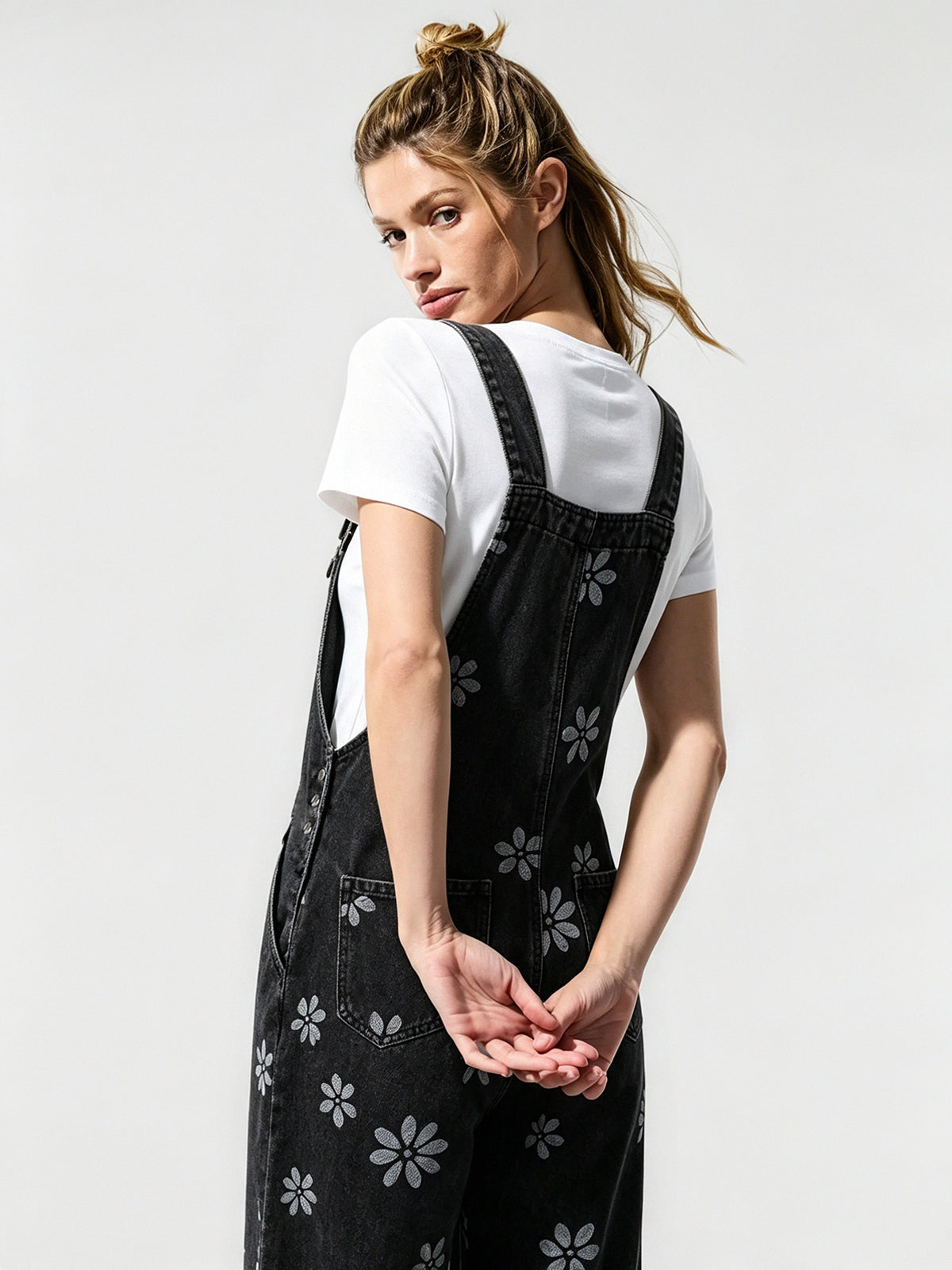 Flower Print Wide Leg Denim Jumpsuit - Fisoew