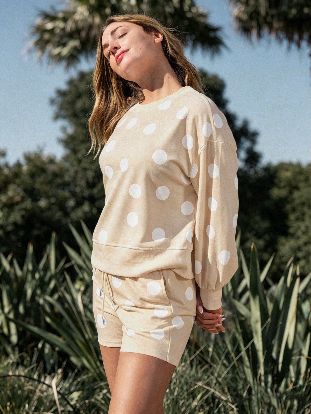 Polka Dot Sweatshirts With Short Sets - Fisoew