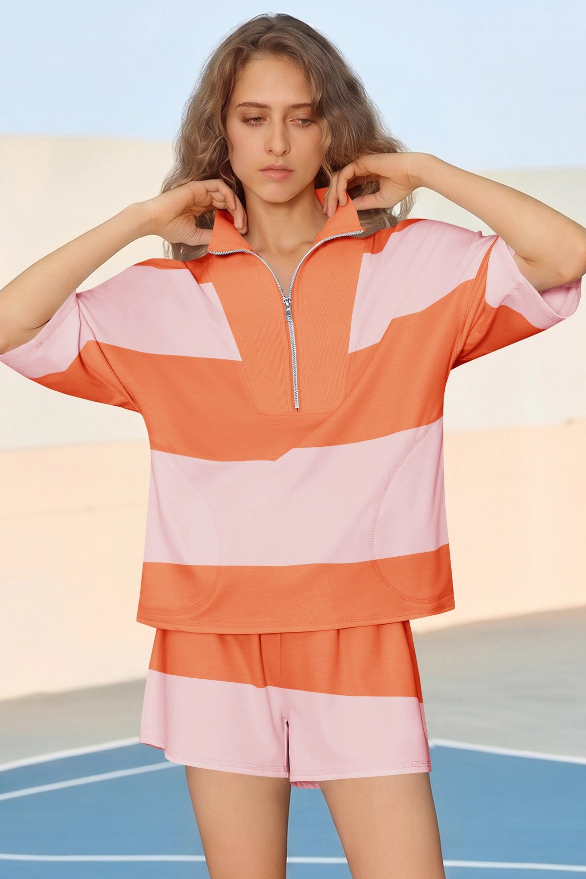 Womens Orange 2 Piece Outfits Striped Sets Fisoew - Fisoew