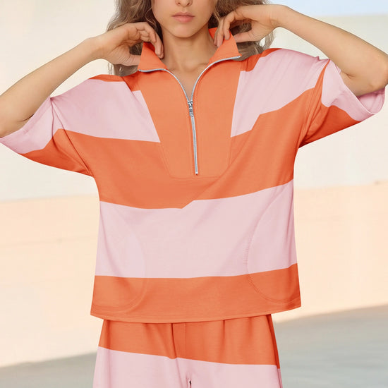 Womens Orange 2 Piece Outfits Striped Sets Fisoew - Fisoew