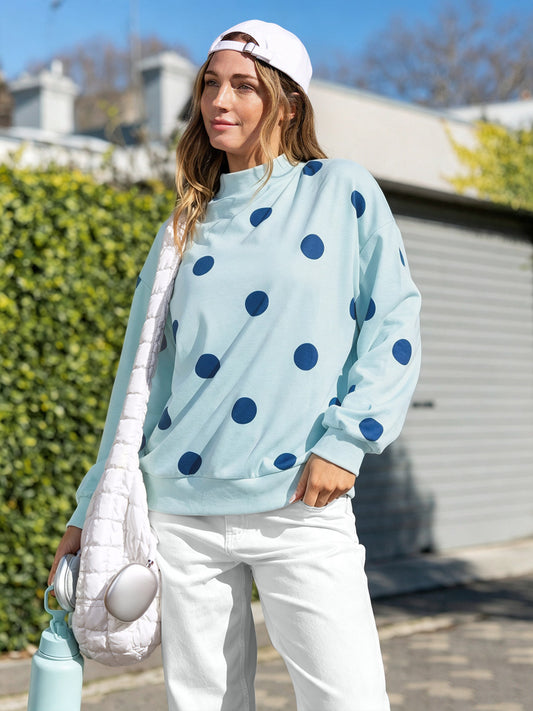 Mock Neck Long Sleeve Polka Dot Sweatshirts - Fisoew
