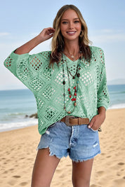 Womens Lake Blue Summer Short Sleeve Crochet Swimsuit  Fisoew