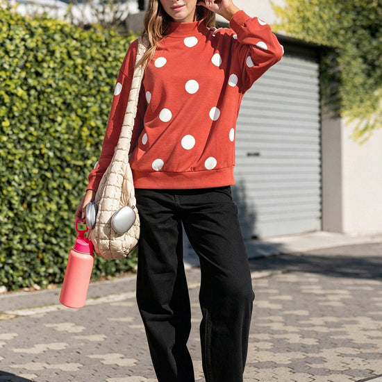 Mock Neck Long Sleeve Polka Dot Sweatshirts - Fisoew