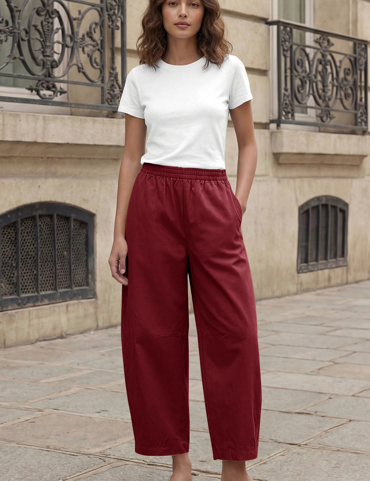 Fisoew Women's Brick Red Wide Leg Barrel Pants - Fisoew