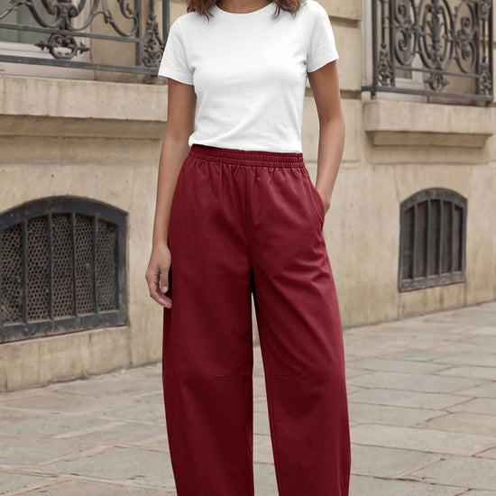 Fisoew Women's Brick Red Wide Leg Barrel Pants - Fisoew