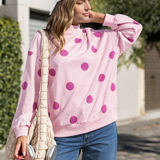 Mock Neck Long Sleeve Polka Dot Sweatshirts - Fisoew