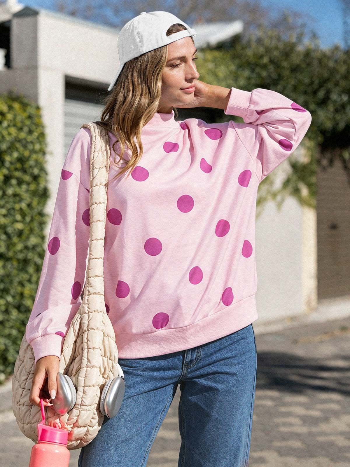 Mock Neck Long Sleeve Polka Dot Sweatshirts - Fisoew