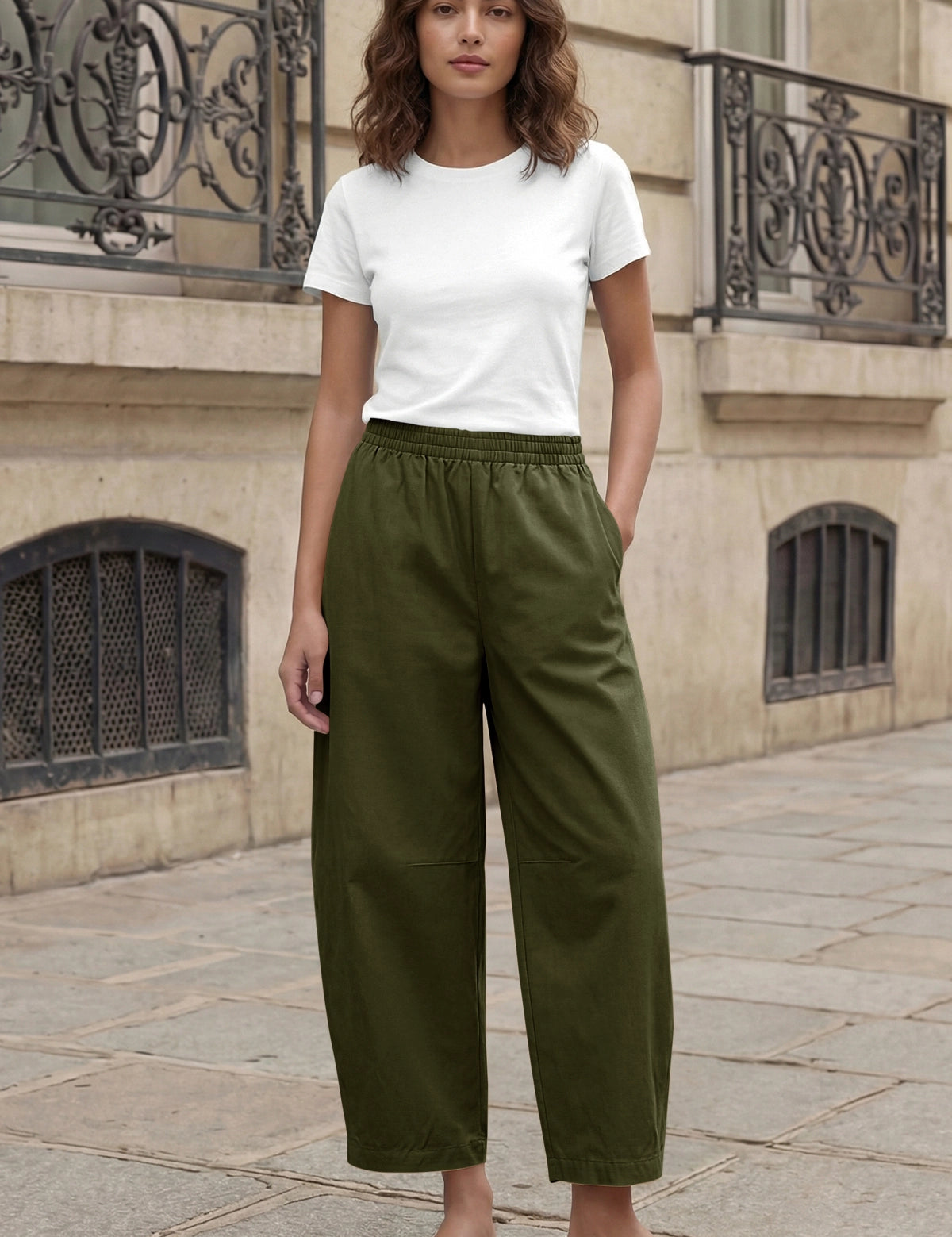 Fisoew Women's Army Green Wide Leg Barrel Pants - Fisoew