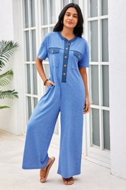 Womens Blue Casual Wide Leg Jumpsuit with Pockets Fisoew - Fisoew