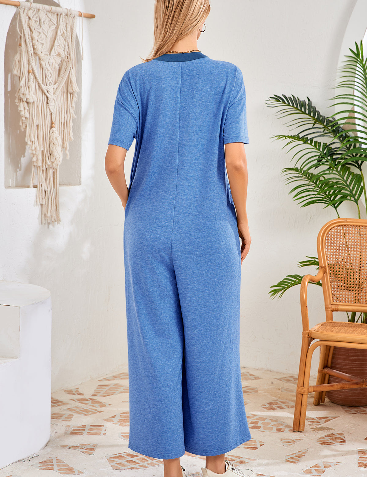 Womens Blue Casual Wide Leg Jumpsuit with Pockets Fisoew - Fisoew