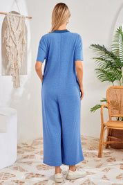 Womens Blue Casual Wide Leg Jumpsuit with Pockets Fisoew - Fisoew
