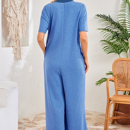 Womens Blue Casual Wide Leg Jumpsuit with Pockets Fisoew - Fisoew