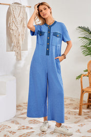 Womens Blue Casual Wide Leg Jumpsuit with Pockets Fisoew - Fisoew