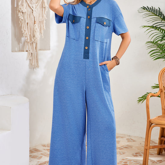 Womens Blue Casual Wide Leg Jumpsuit with Pockets Fisoew - Fisoew