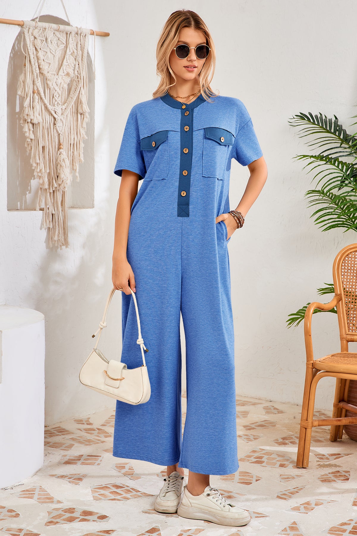 Womens Blue Casual Wide Leg Jumpsuit with Pockets Fisoew - Fisoew