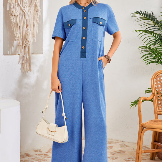 Womens Blue Casual Wide Leg Jumpsuit with Pockets Fisoew - Fisoew
