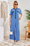 Womens Blue Casual Wide Leg Jumpsuit with Pockets Fisoew - Fisoew