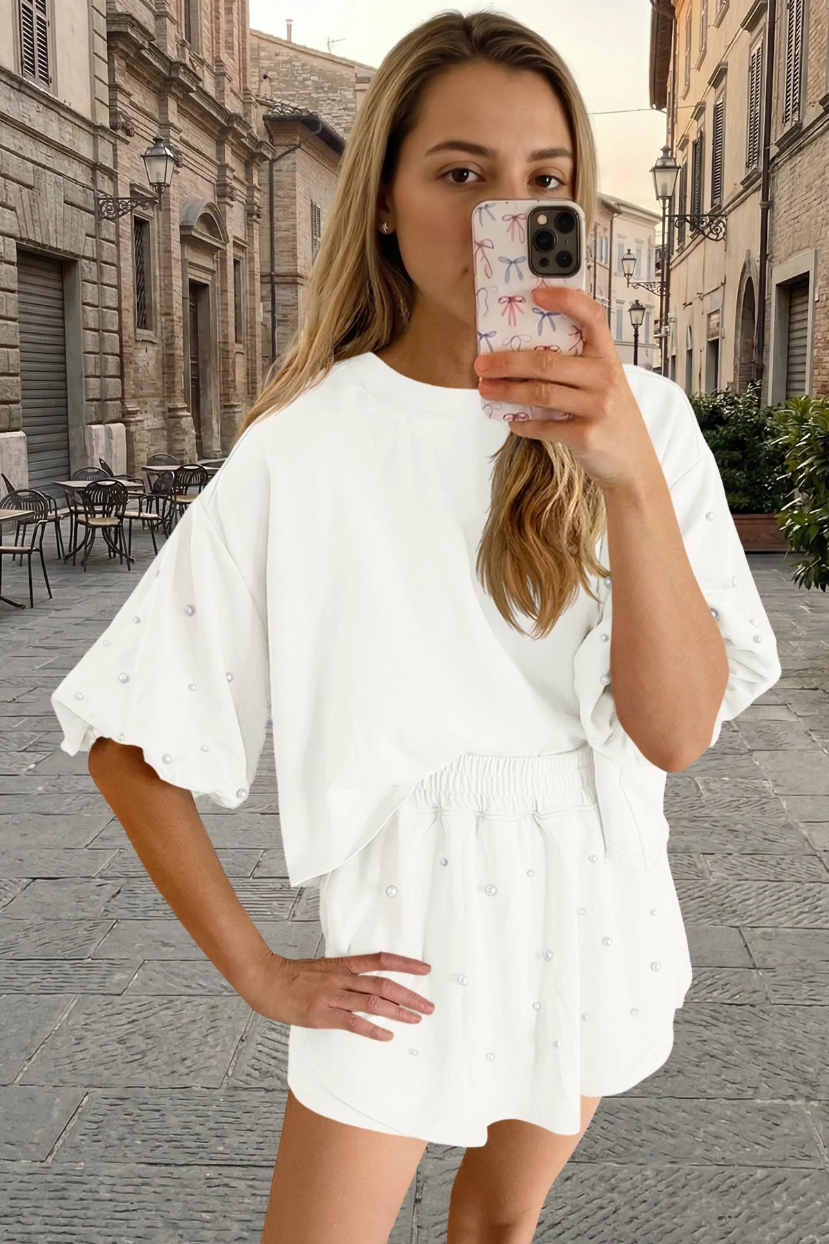 Womens White Pearl 2-Piece Lounge Short Set  Fisoew - Fisoew