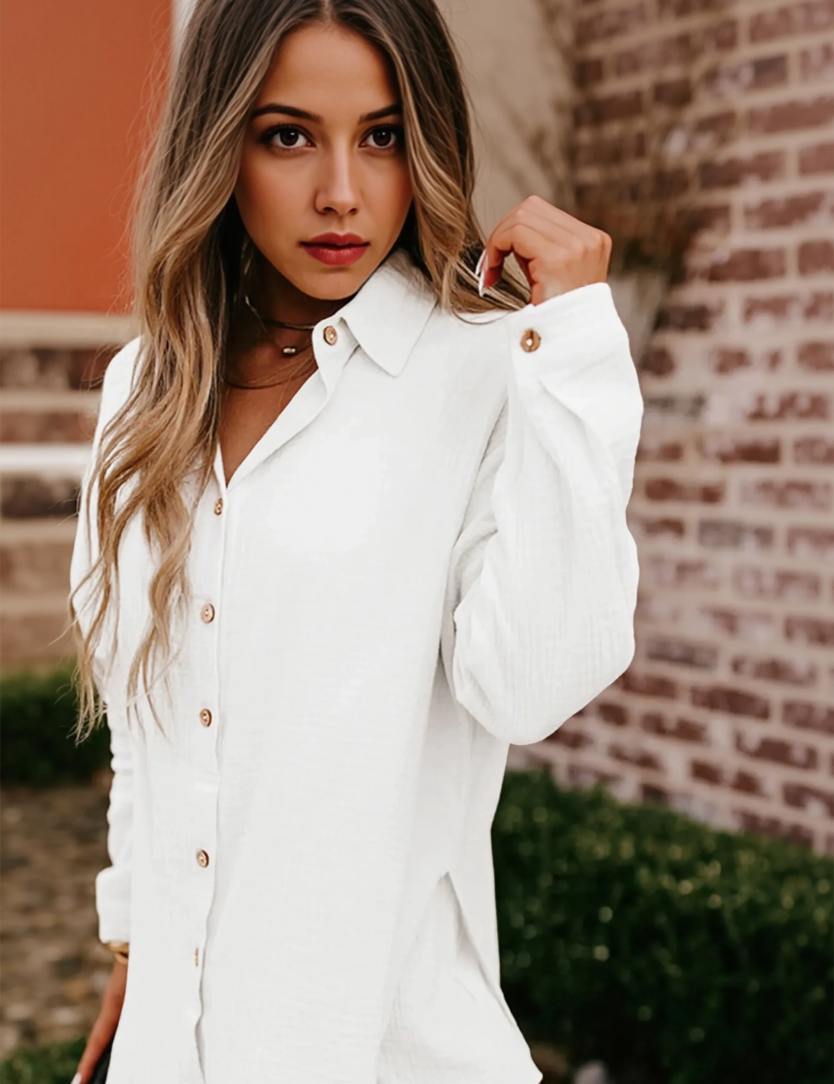 Womens White Casual Button Down Long Sleeve Jumpsuit Fisoew - Fisoew