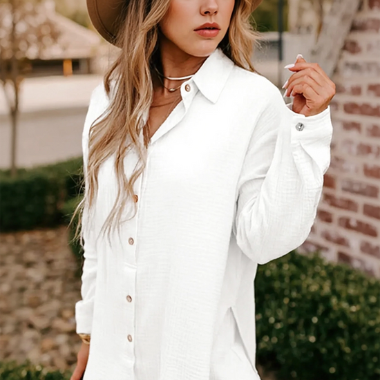 Womens White Casual Button Down Long Sleeve Jumpsuit Fisoew - Fisoew