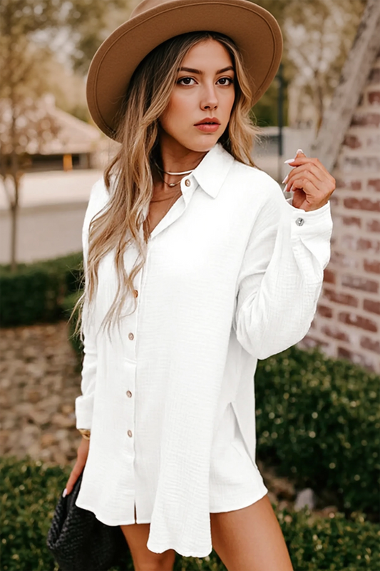 Womens White Casual Button Down Long Sleeve Jumpsuit Fisoew - Fisoew