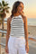 Womens White Striped Crochet Halter Knit Tank Top Fisoew - Fisoew