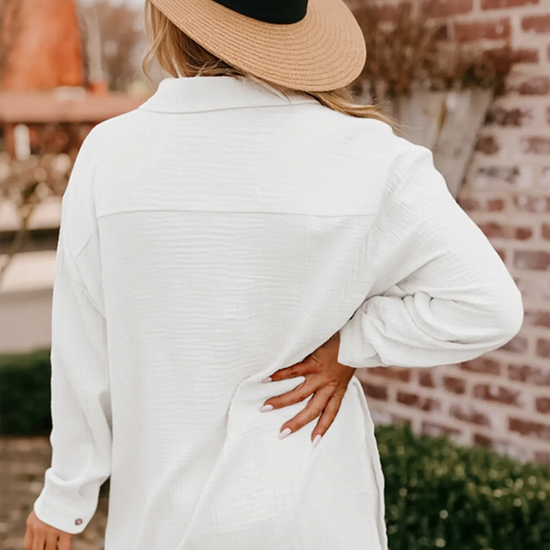 Womens White Casual Button Down Long Sleeve Jumpsuit Fisoew - Fisoew