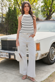 Womens White Striped Crochet Halter Knit Tank Top Fisoew