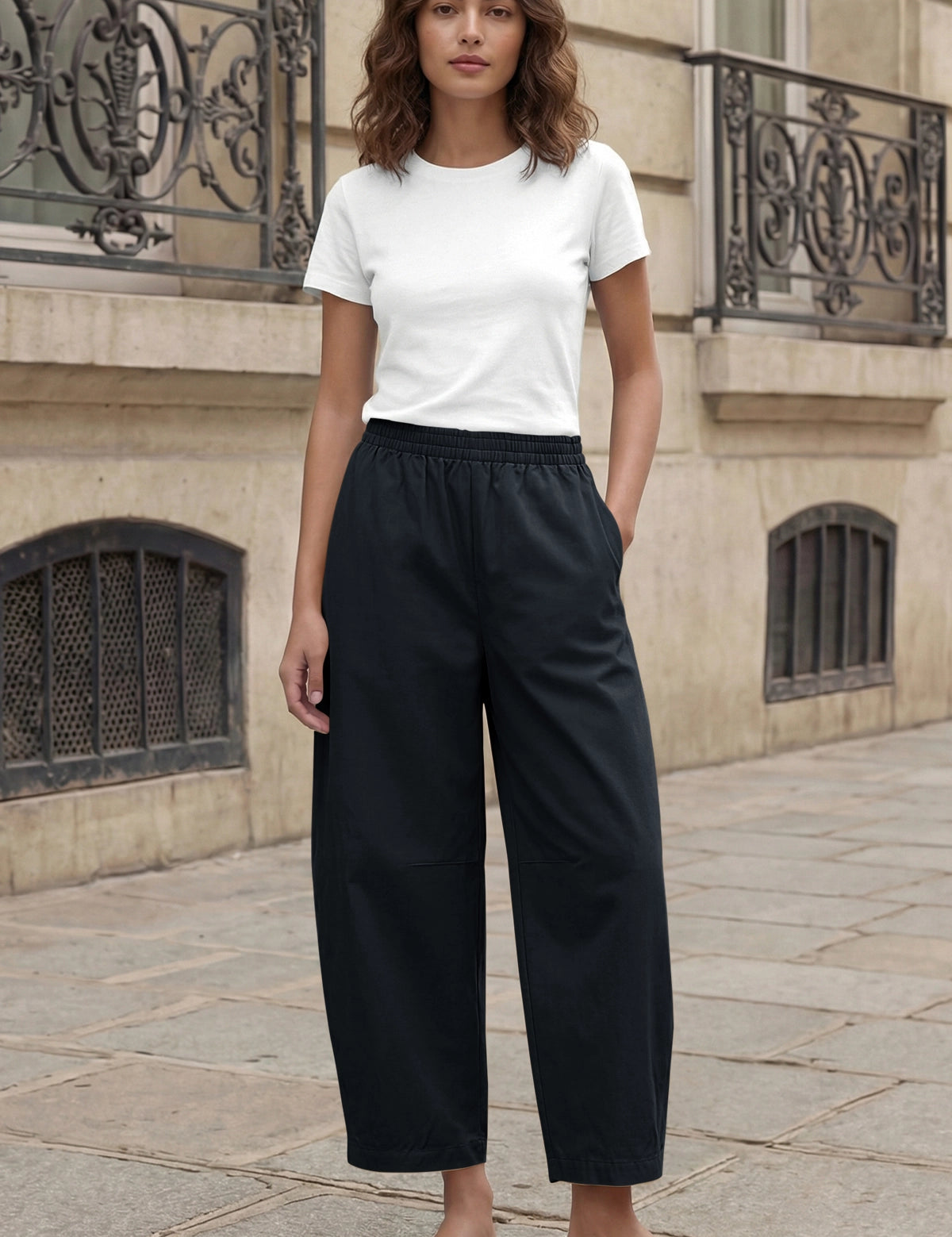 Fisoew Women's Black Wide Leg Barrel Pants - Fisoew