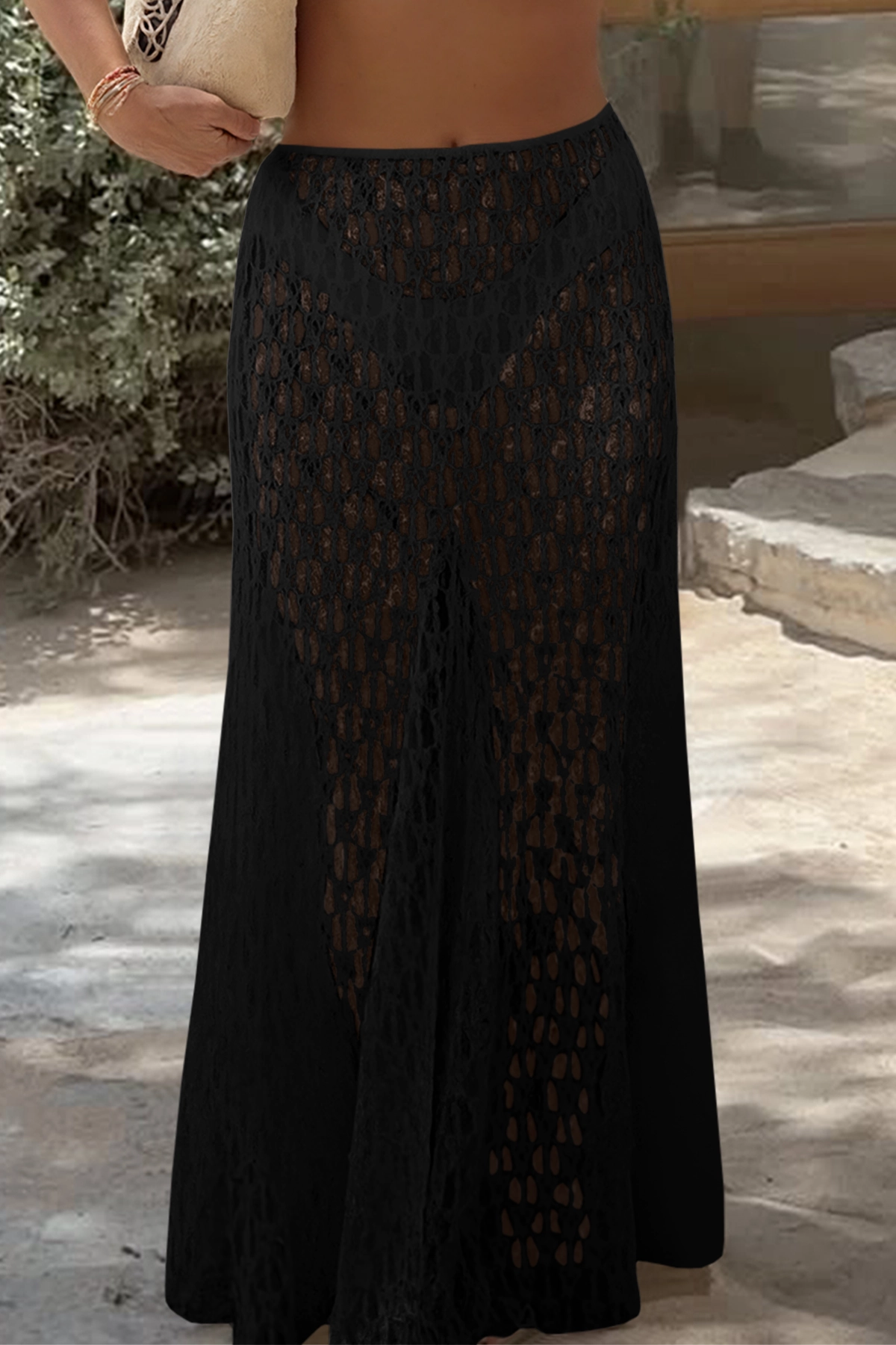 Fisoew Women's Black High Waist  A Line Lace Maxi Skirt - Fisoew