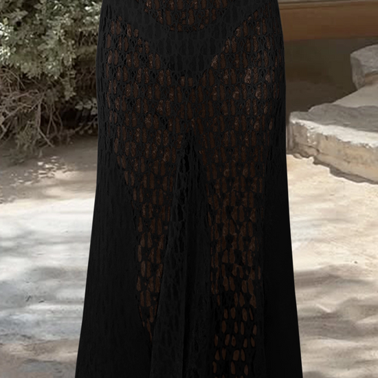 Fisoew Women's Black High Waist  A Line Lace Maxi Skirt - Fisoew