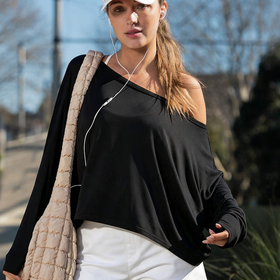 Off Shoulder Solid Long Sleeve T-Shirts - Fisoew