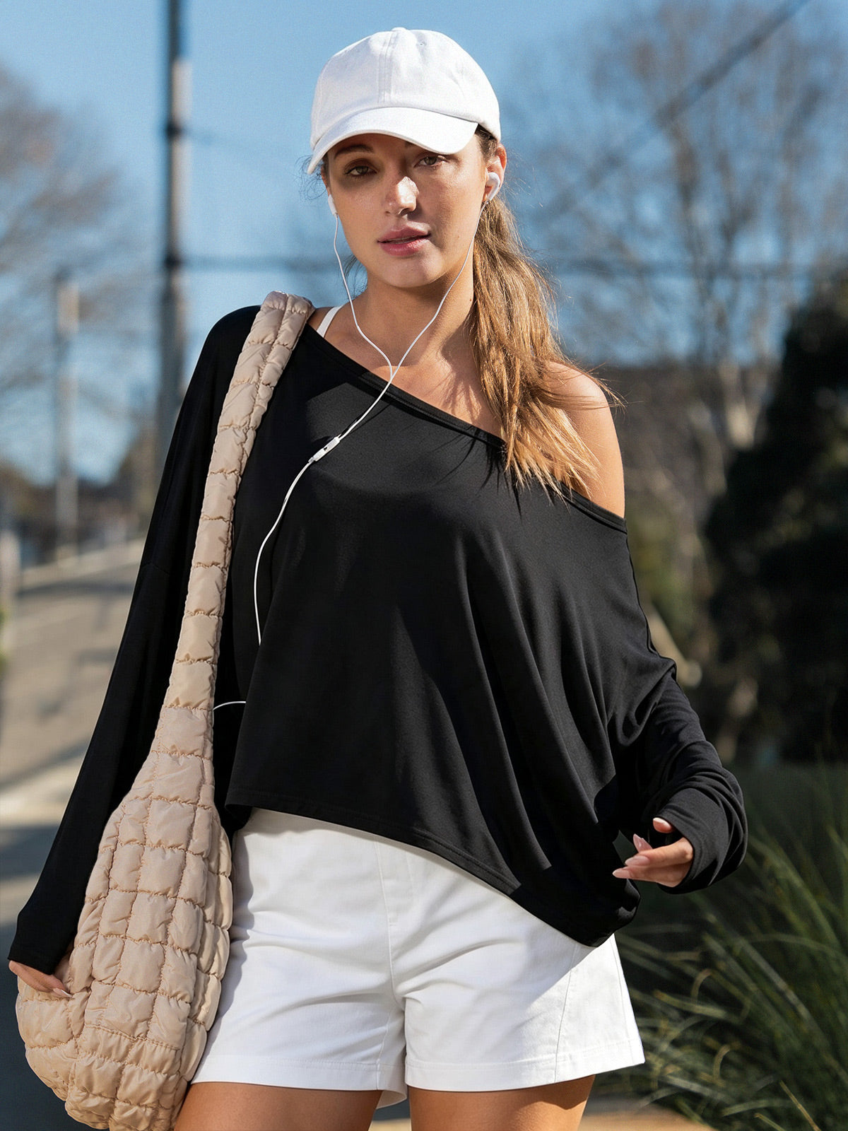 Off Shoulder Solid Long Sleeve T-Shirts - Fisoew