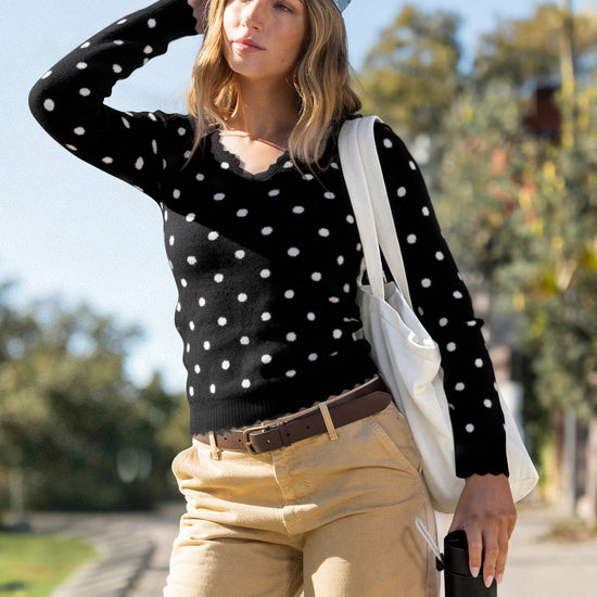 Polka Dot Slim Fit Knit Long Sleeve Tops - Fisoew