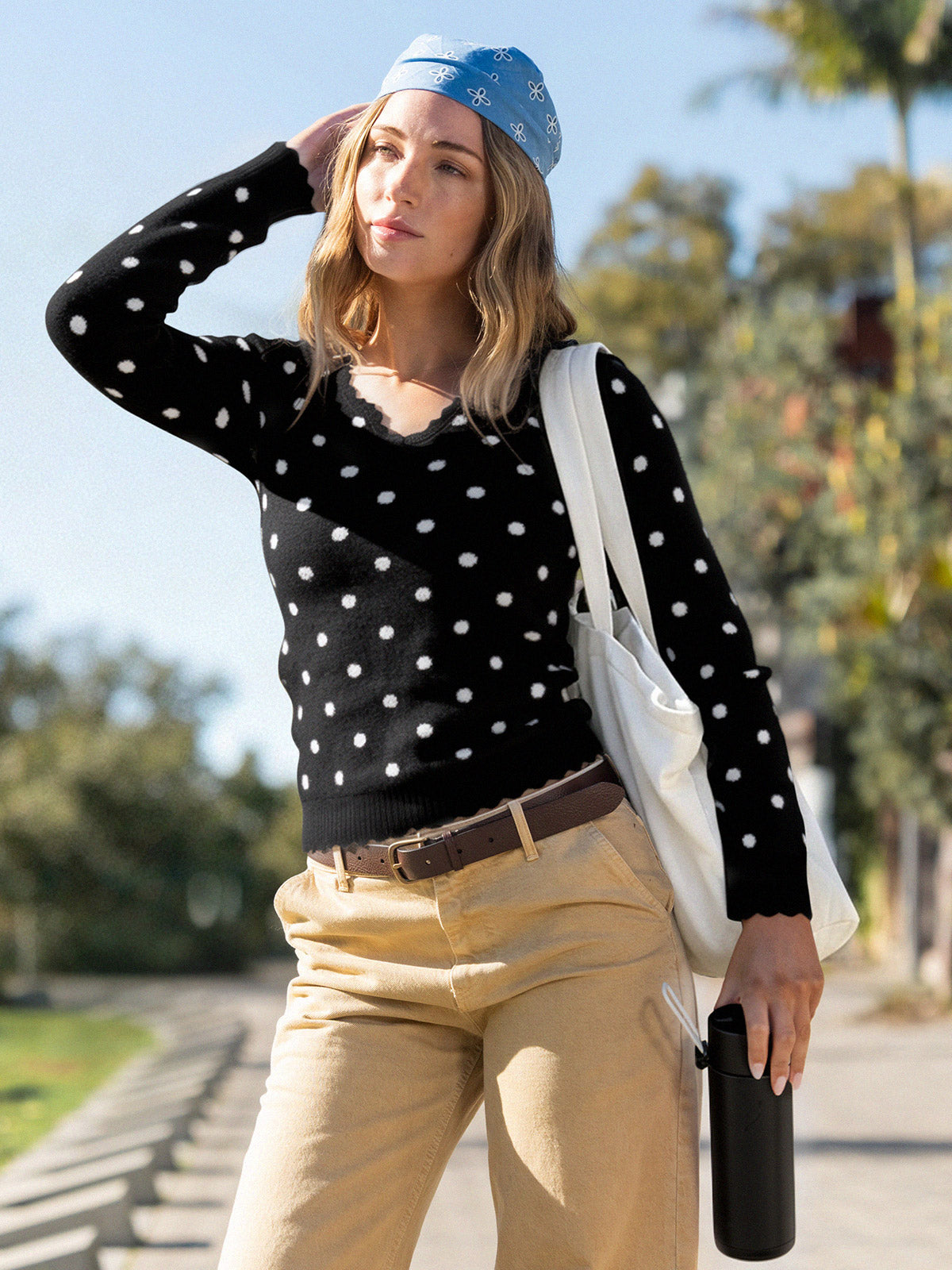 Polka Dot Slim Fit Knit Long Sleeve Tops - Fisoew