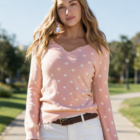 Polka Dot Slim Fit Knit Long Sleeve Tops - Fisoew