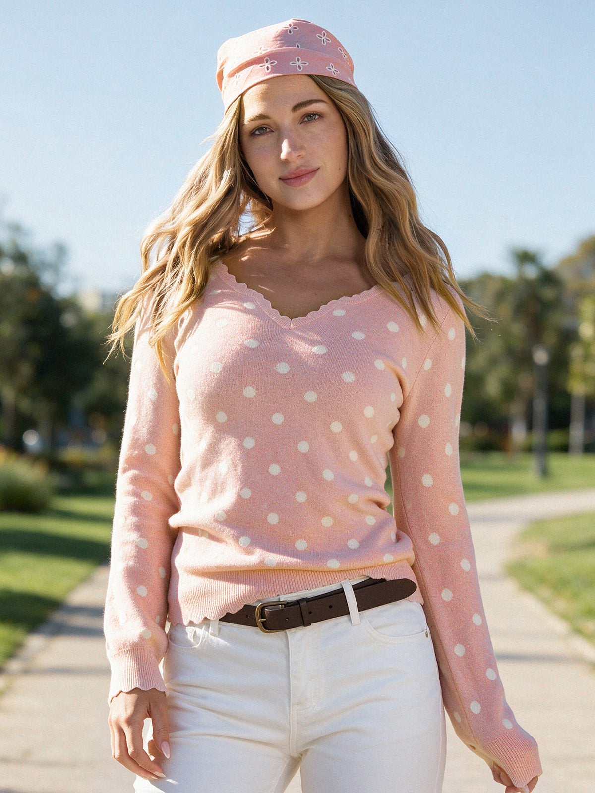Polka Dot Slim Fit Knit Long Sleeve Tops - Fisoew