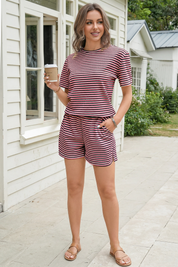 Womens Black Pink Striped Knit 2-Piece Short Sleeve Loungewear Set Fisoew - Fisoew