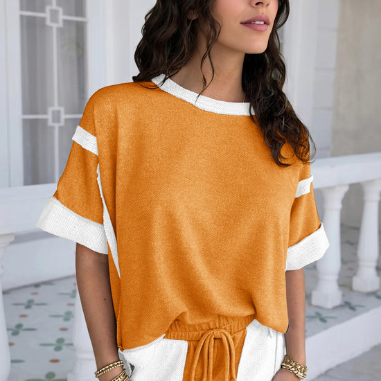 Womens Orange Color Block Lounge Short Set  Fisoew - Fisoew