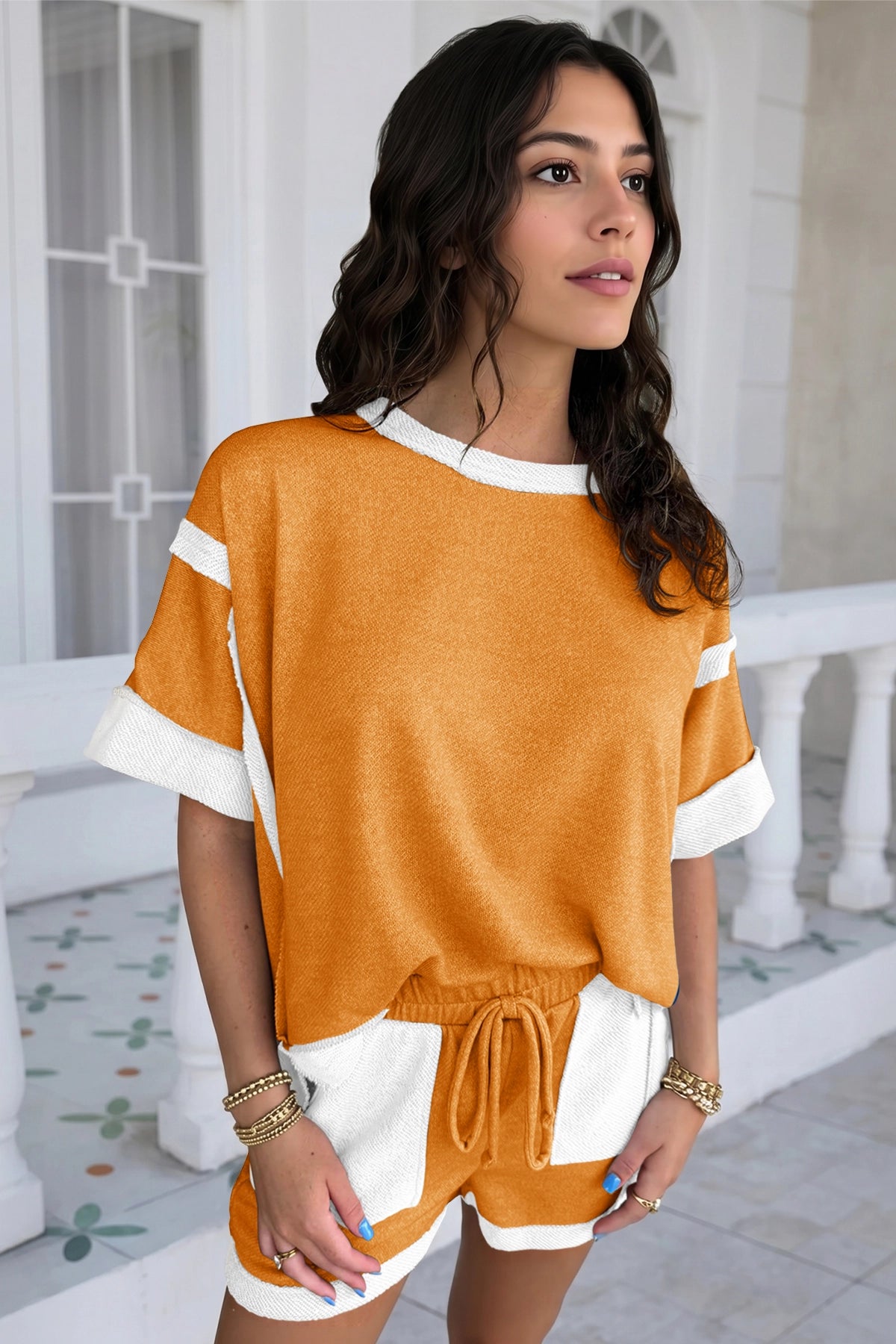 Womens Orange Color Block Lounge Short Set  Fisoew - Fisoew